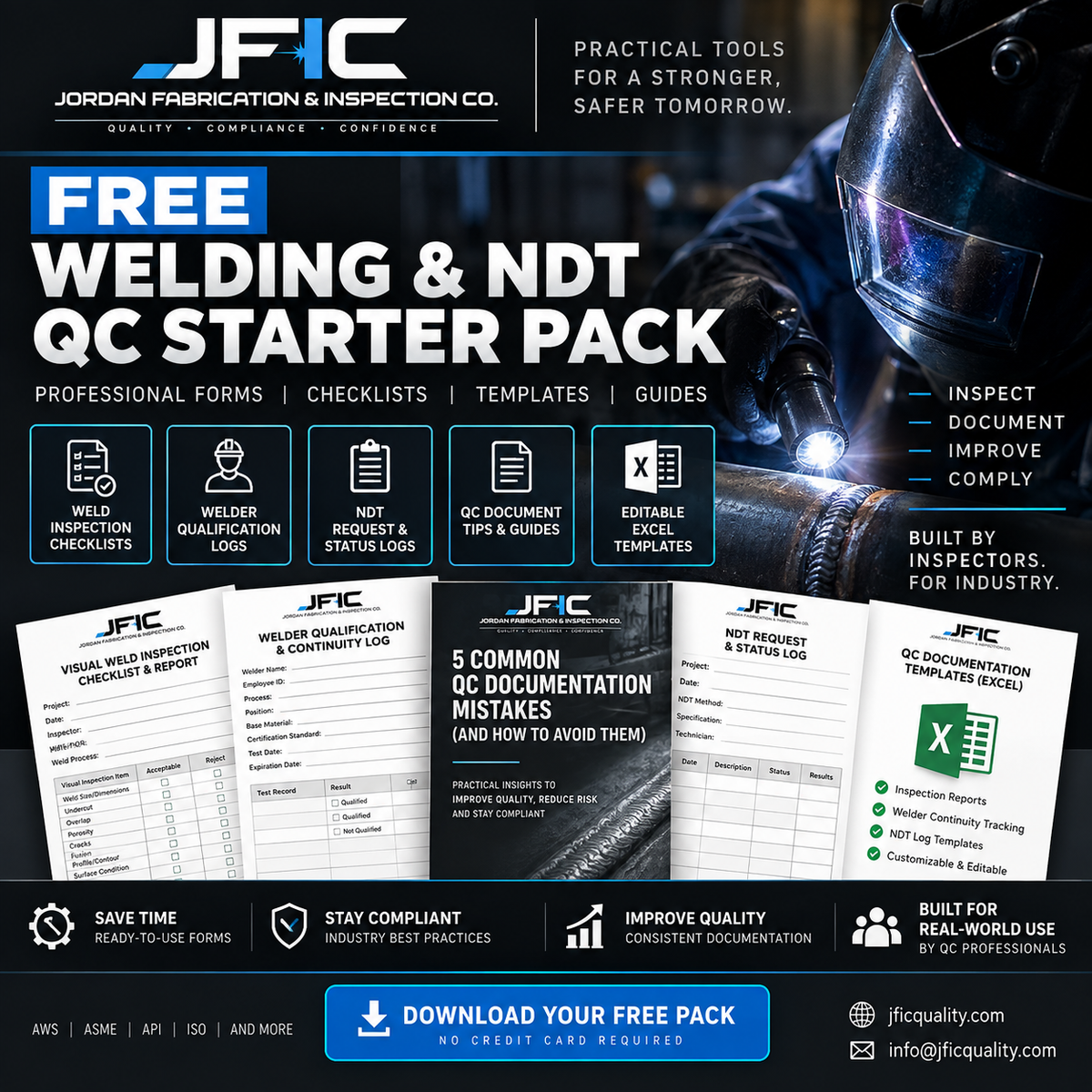 JFIC Free Welding and NDT QC Starter Pack with inspection checklists, welder qualification logs, NDT status logs and editable templates