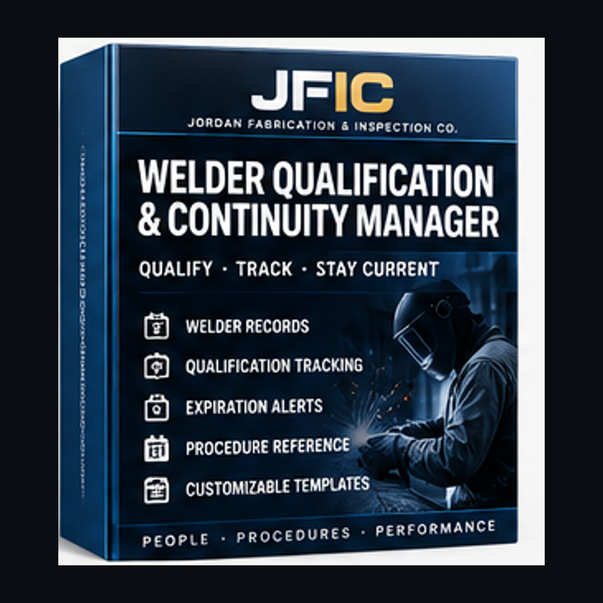 Welder Qualification and Continuity Manager digital workbook cover by Jordan Fabrication & Inspection Co.